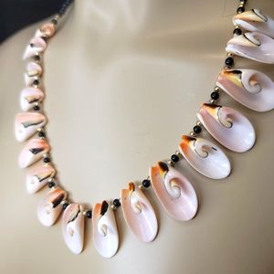 Never worn Natural Bermudan Shell Necklace with Black coral and golden hued bead